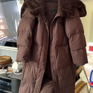 Banana Republic Chocolate Puffer Jacket with Faux Fur Hood